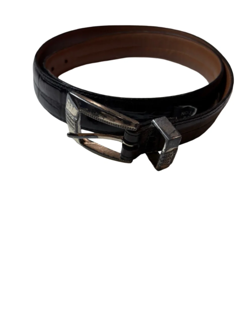 Brighton ONYX Black Croc Embossed Leather Belt Silver Statement Buckle